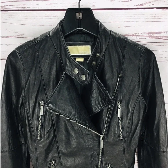 Michael Kors Women's Black Leather Biker Moto Jacket Zip Pockets Size S - Picture 2 of 10